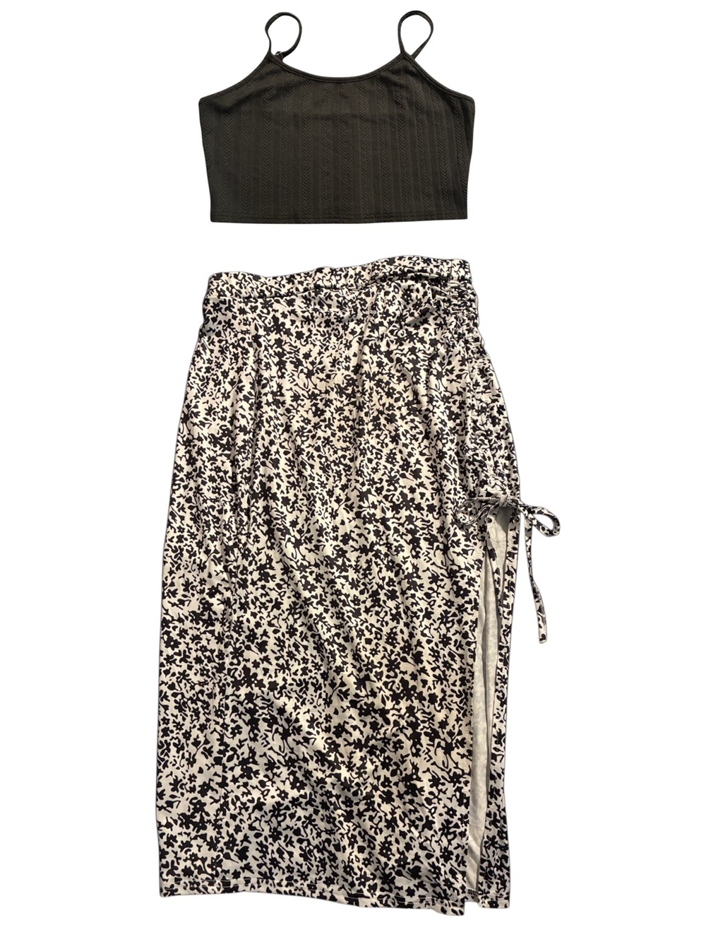 Black Cami Top + High-Waisted Split Midi Skirt